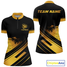 Load image into Gallery viewer, Custom Black And Gold Bowling Team Polo, Quarter-Zip Shirts For Women, Personalized Bowling Jerseys NQS10219