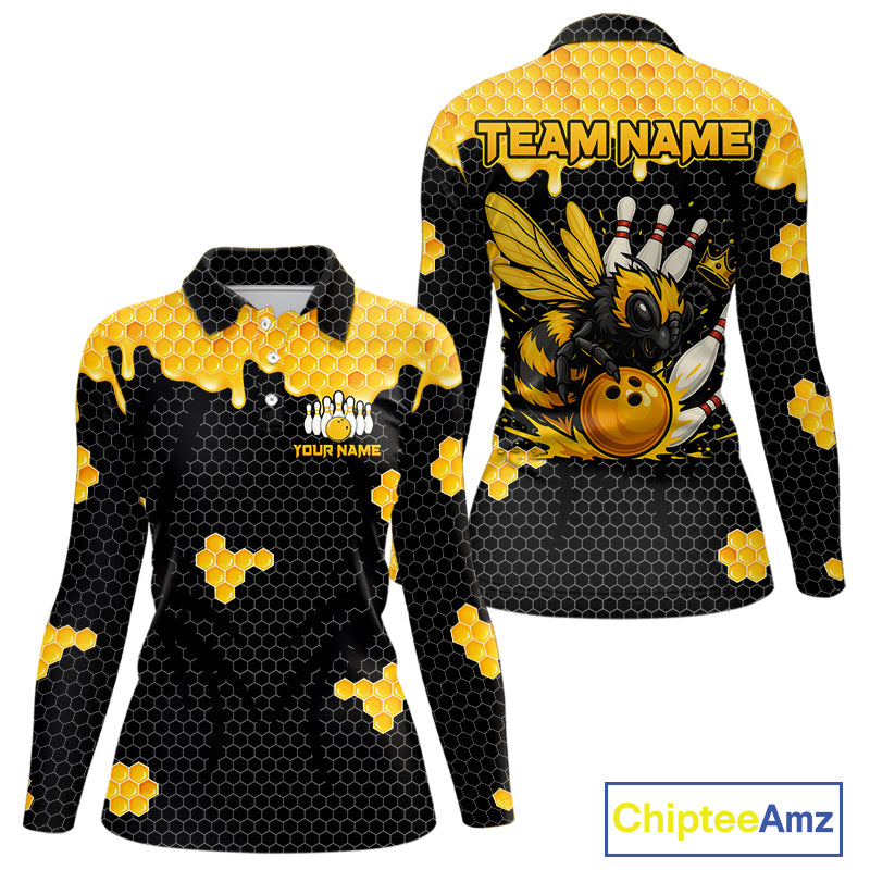 Custom Black and Yellow Honey Bee Bowling Shirts For Women, Bee Bowling Team Bowlers Outfit NQS10376