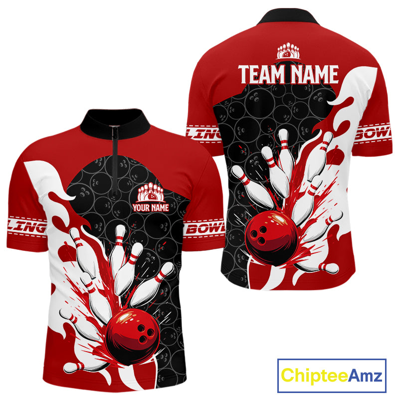 Black and Red Camo Bowling Polo, Quarter Zip Shirt For Men custom Bowling Team Jerseys Uniform NQS10380