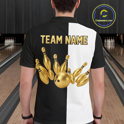 Black and white retro vintage Bowling polo, 1/4 Zip shirts for Men custom Bowling team jerseys | Gold NQS10808