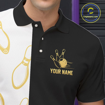 Black and white retro vintage Bowling polo, 1/4 Zip shirts for Men custom Bowling team jerseys | Gold NQS10808
