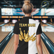 Load image into Gallery viewer, Black and white retro vintage Bowling polo, 1/4 Zip shirt for Women custom Bowling team jersey | Gold NQS10808