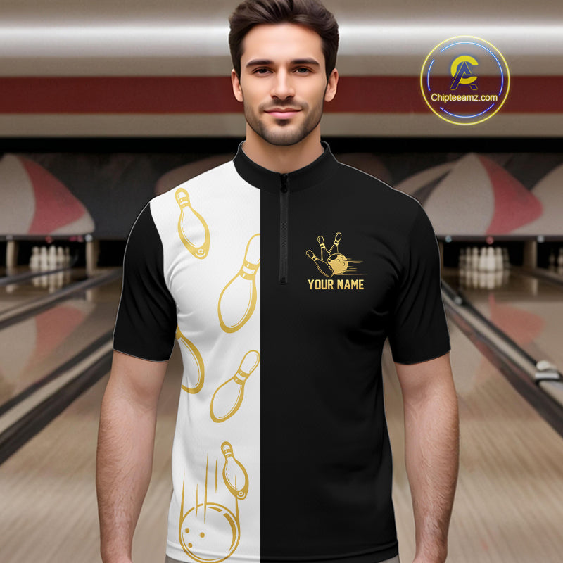 Black and white retro vintage Bowling polo, 1/4 Zip shirts for Men custom Bowling team jerseys | Gold NQS10808