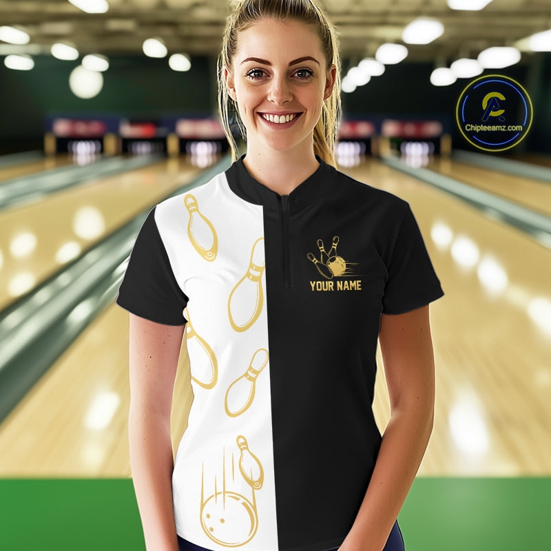 Black and white retro vintage Bowling polo, 1/4 Zip shirt for Women custom Bowling team jersey | Gold NQS10808