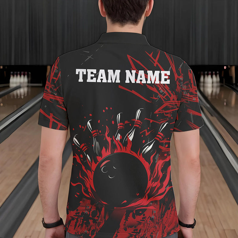 Black and Red Flame Bowling Polo, Quarter Zip Shirts for Men Custom Team mens bowling jersey NQS9313