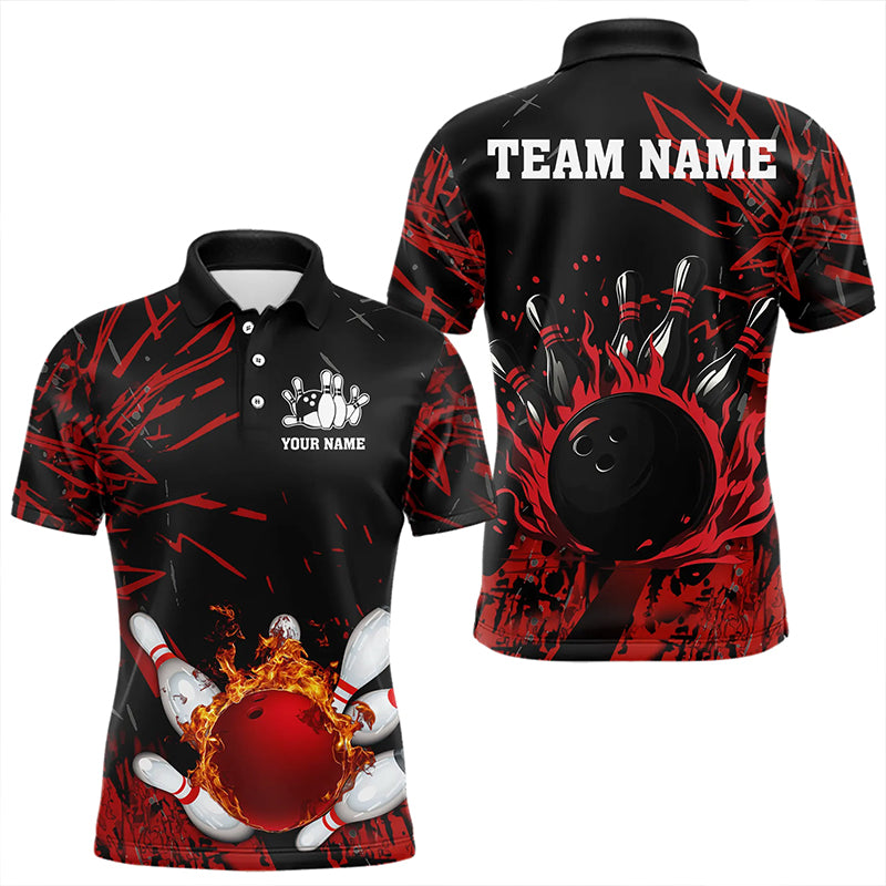 Black and Red Flame Bowling Polo, Quarter Zip Shirts for Men Custom Team mens bowling jersey NQS9313