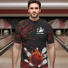 Load image into Gallery viewer, Black and Red Flame Bowling Polo, Quarter Zip Shirts for Men Custom Team mens bowling jersey NQS9313
