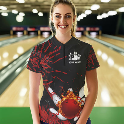 Black and Red Flame Bowling Polo, Quarter Zip Shirts for Women Custom Team womens bowling jersey NQS9313