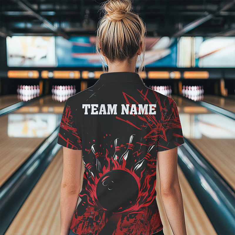 Black and Red Flame Bowling Polo, Quarter Zip Shirts for Women Custom Team womens bowling jersey NQS9313