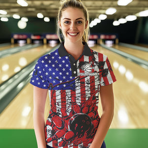 Vintage American Flag Wings Women Bowling Polo, Quarter Zip Shirt Custom Patriotic Team bowling jersey NQS9314