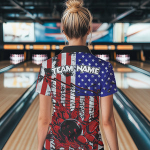 Vintage American Flag Wings Women Bowling Polo, Quarter Zip Shirt Custom Patriotic Team bowling jersey NQS9314