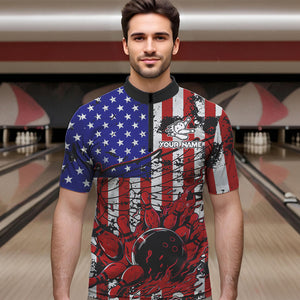 Vintage American Flag Wings Mens Bowling Polo, Quarter Zip Shirt Custom Patriotic Team bowling jersey NQS9314