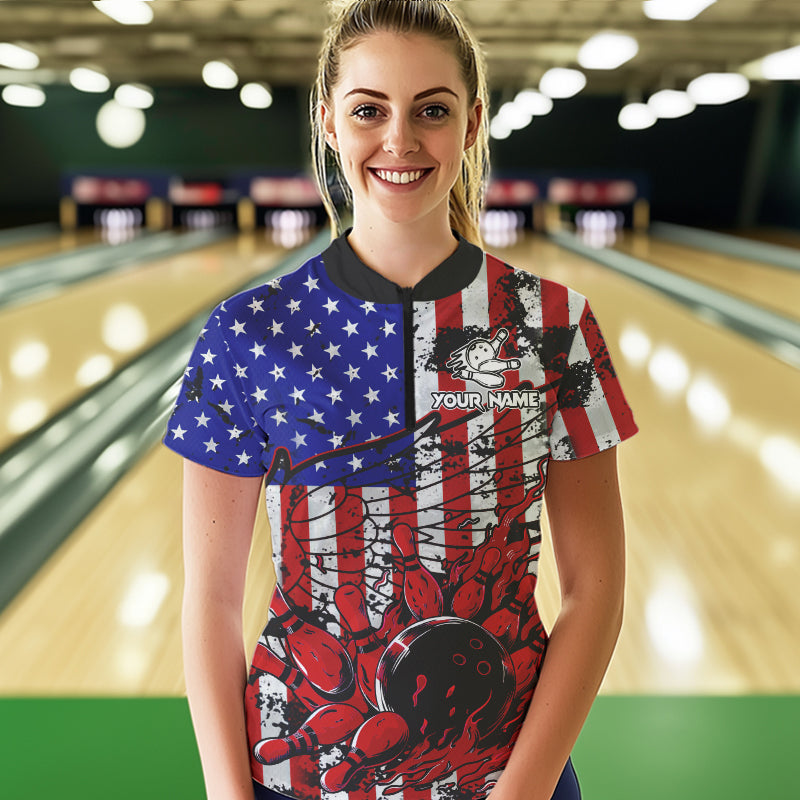 Vintage American Flag Wings Women Bowling Polo, Quarter Zip Shirt Custom Patriotic Team bowling jersey NQS9314