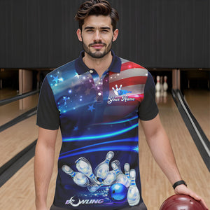 Blue Light American Flag Mens Bowling Polo, Quarter Zip Shirt Custom Patriotic Team bowling jersey NQS9315