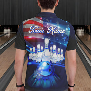 Blue Light American Flag Mens Bowling Polo, Quarter Zip Shirt Custom Patriotic Team bowling jersey NQS9315