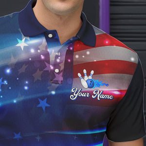 Blue Light American Flag Mens Bowling Polo, Quarter Zip Shirt Custom Patriotic Team bowling jersey NQS9315