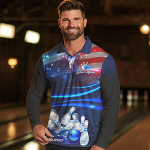 Blue Light American Flag Mens Bowling Polo, Quarter Zip Shirt Custom Patriotic Team bowling jersey NQS9315