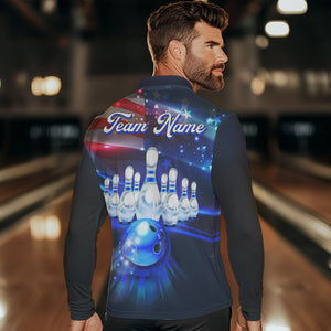 Blue Light American Flag Mens Bowling Polo, Quarter Zip Shirt Custom Patriotic Team bowling jersey NQS9315