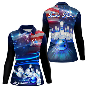 Blue Light American Flag Women Bowling Polo, Quarter Zip Shirt Custom Patriotic Team bowling jersey NQS9315