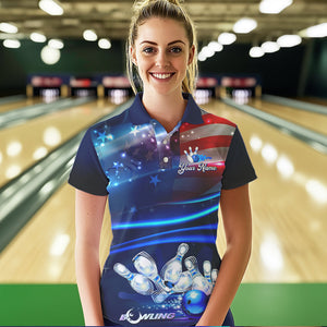 Blue Light American Flag Women Bowling Polo, Quarter Zip Shirt Custom Patriotic Team bowling jersey NQS9315