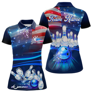 Blue Light American Flag Women Bowling Polo, Quarter Zip Shirt Custom Patriotic Team bowling jersey NQS9315