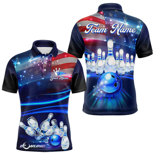 Blue Light American Flag Mens Bowling Polo, Quarter Zip Shirt Custom Patriotic Team bowling jersey NQS9315