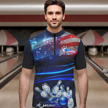 Load image into Gallery viewer, Blue Light American Flag Mens Bowling Polo, Quarter Zip Shirt Custom Patriotic Team bowling jersey NQS9315