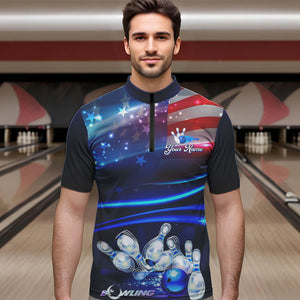 Blue Light American Flag Mens Bowling Polo, Quarter Zip Shirt Custom Patriotic Team bowling jersey NQS9315