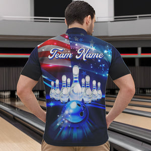 Blue Light American Flag Mens Bowling Polo, Quarter Zip Shirt Custom Patriotic Team bowling jersey NQS9315