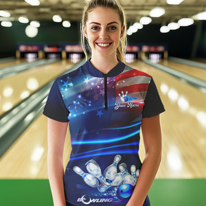 Blue Light American Flag Women Bowling Polo, Quarter Zip Shirt Custom Patriotic Team bowling jersey NQS9315