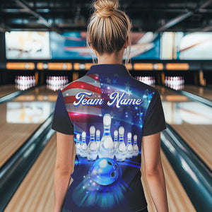 Blue Light American Flag Women Bowling Polo, Quarter Zip Shirt Custom Patriotic Team bowling jersey NQS9315