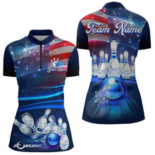 Load image into Gallery viewer, Blue Light American Flag Women Bowling Polo, Quarter Zip Shirt Custom Patriotic Team bowling jersey NQS9315