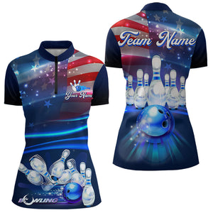 Blue Light American Flag Women Bowling Polo, Quarter Zip Shirt Custom Patriotic Team bowling jersey NQS9315