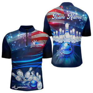 Blue Light American Flag Mens Bowling Polo, Quarter Zip Shirt Custom Patriotic Team bowling jersey NQS9315