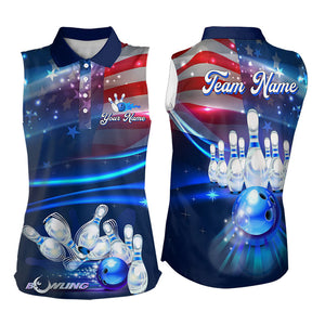 Blue Light American Flag Bowling Sleeveless Polo Shirt Custom Patriotic Team bowling jersey NQS9315