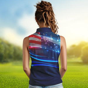 Blue Lights American Flag Womens sleeveless golf polo shirt, patriotic golf shirts for women NQS9316