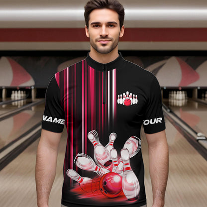 Black and red light Men bowling Polo, Quarter Zip Shirt Custom bowling ball and pins Team jerseys NQS9828