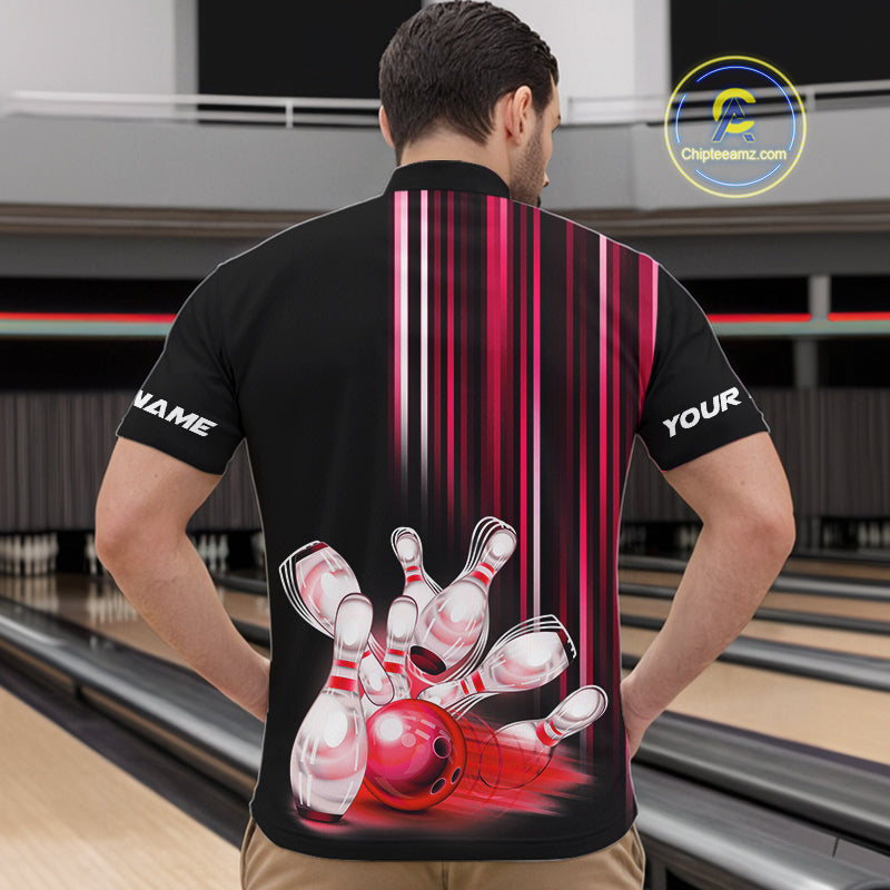 Black and red light Men bowling Polo, Quarter Zip Shirt Custom bowling ball and pins Team jerseys NQS9828