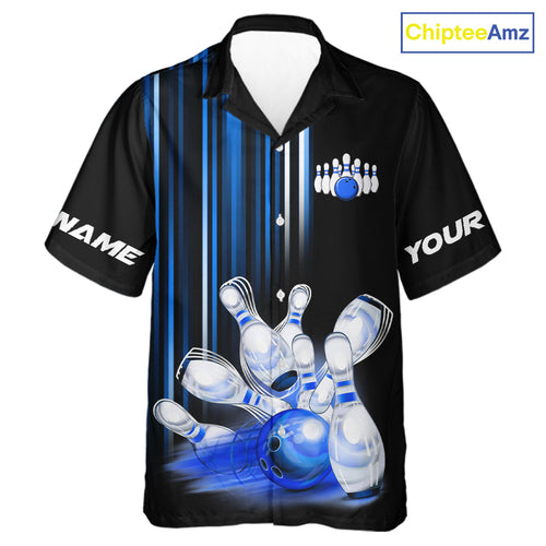 Black and blue light Hawaiian bowling shirt Custom bowling ball and pins Team Button up shirt NQS9829