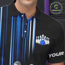 Load image into Gallery viewer, Black and blue light Men bowling Polo, Quarter Zip Shirt Custom bowling ball and pins Team jerseys NQS9829