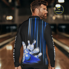 Load image into Gallery viewer, Black and blue light Men bowling Polo, Quarter Zip Shirt Custom bowling ball and pins Team jerseys NQS9829