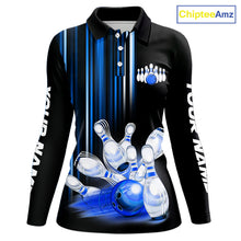 Load image into Gallery viewer, Black and blue light Women bowling Polo, Quarter Zip Shirt Custom bowling ball and pins Team jerseys NQS9829