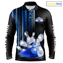 Load image into Gallery viewer, Black and blue light Men bowling Polo, Quarter Zip Shirt Custom bowling ball and pins Team jerseys NQS9829