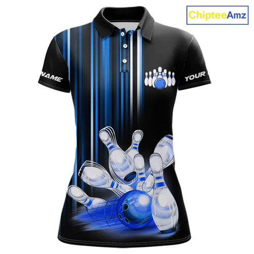 Black and blue light Women bowling Polo, Quarter Zip Shirt Custom bowling ball and pins Team jerseys NQS9829