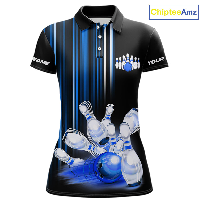 Black and blue light Women bowling Polo, Quarter Zip Shirt Custom bowling ball and pins Team jerseys NQS9829