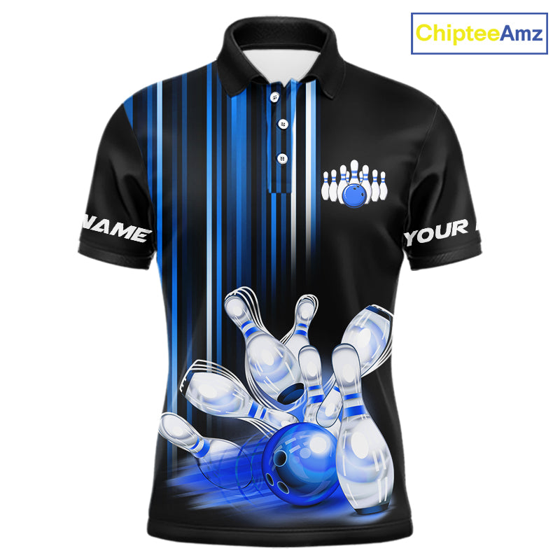 Black and blue light Men bowling Polo, Quarter Zip Shirt Custom bowling ball and pins Team jerseys NQS9829