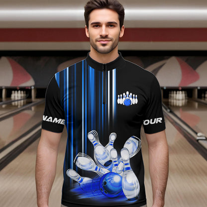 Black and blue light Men bowling Polo, Quarter Zip Shirt Custom bowling ball and pins Team jerseys NQS9829