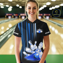 Load image into Gallery viewer, Black and blue light Women bowling Polo, Quarter Zip Shirt Custom bowling ball and pins Team jerseys NQS9829