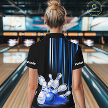 Load image into Gallery viewer, Black and blue light Women bowling Polo, Quarter Zip Shirt Custom bowling ball and pins Team jerseys NQS9829