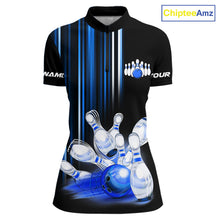 Load image into Gallery viewer, Black and blue light Women bowling Polo, Quarter Zip Shirt Custom bowling ball and pins Team jerseys NQS9829